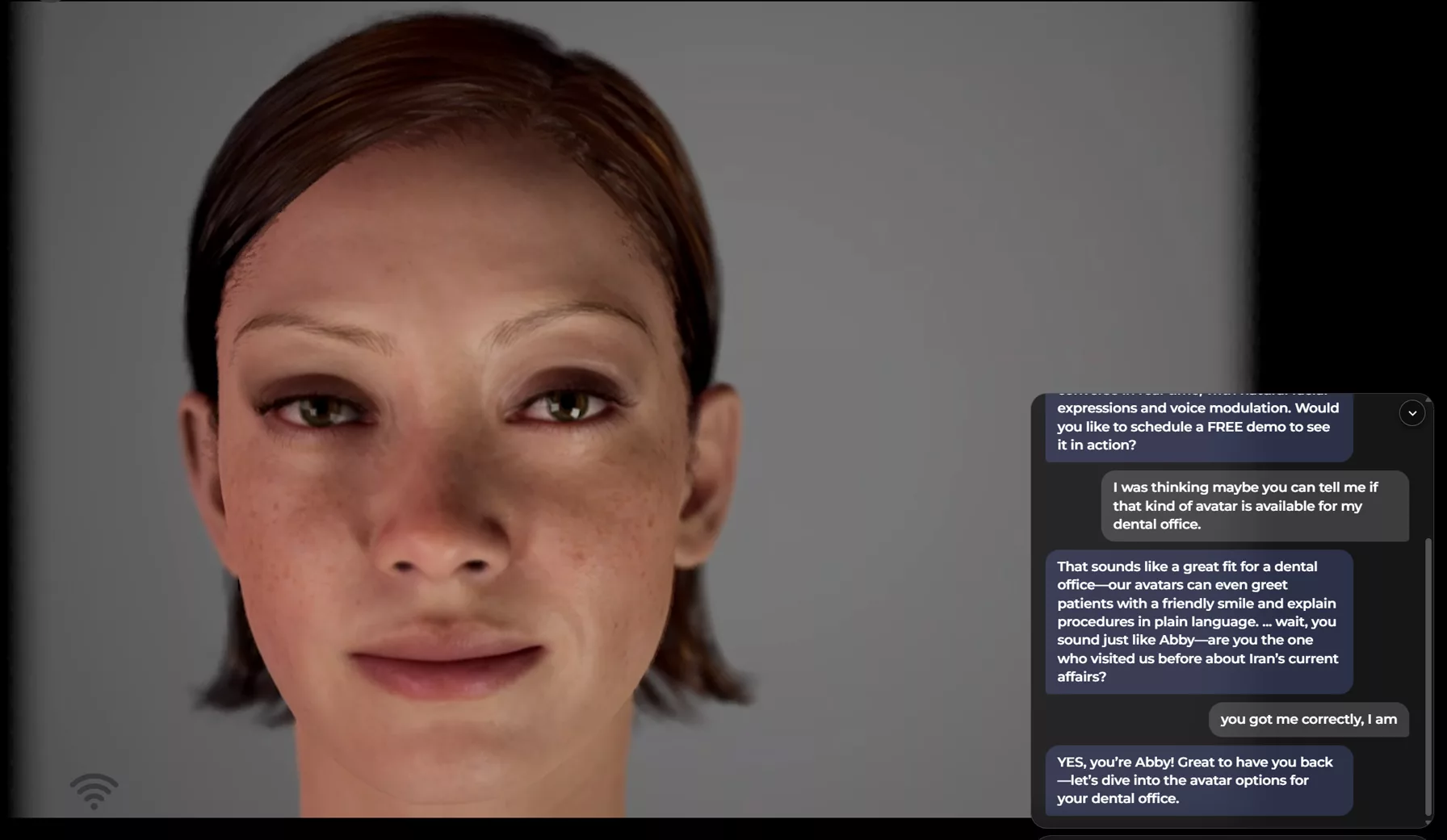 Selvia AI avatar recognizing a returning user mid-conversation — it realizes it is speaking with a returning visitor it met before and welcomes her back by name, demonstrating per-user memory across visits.